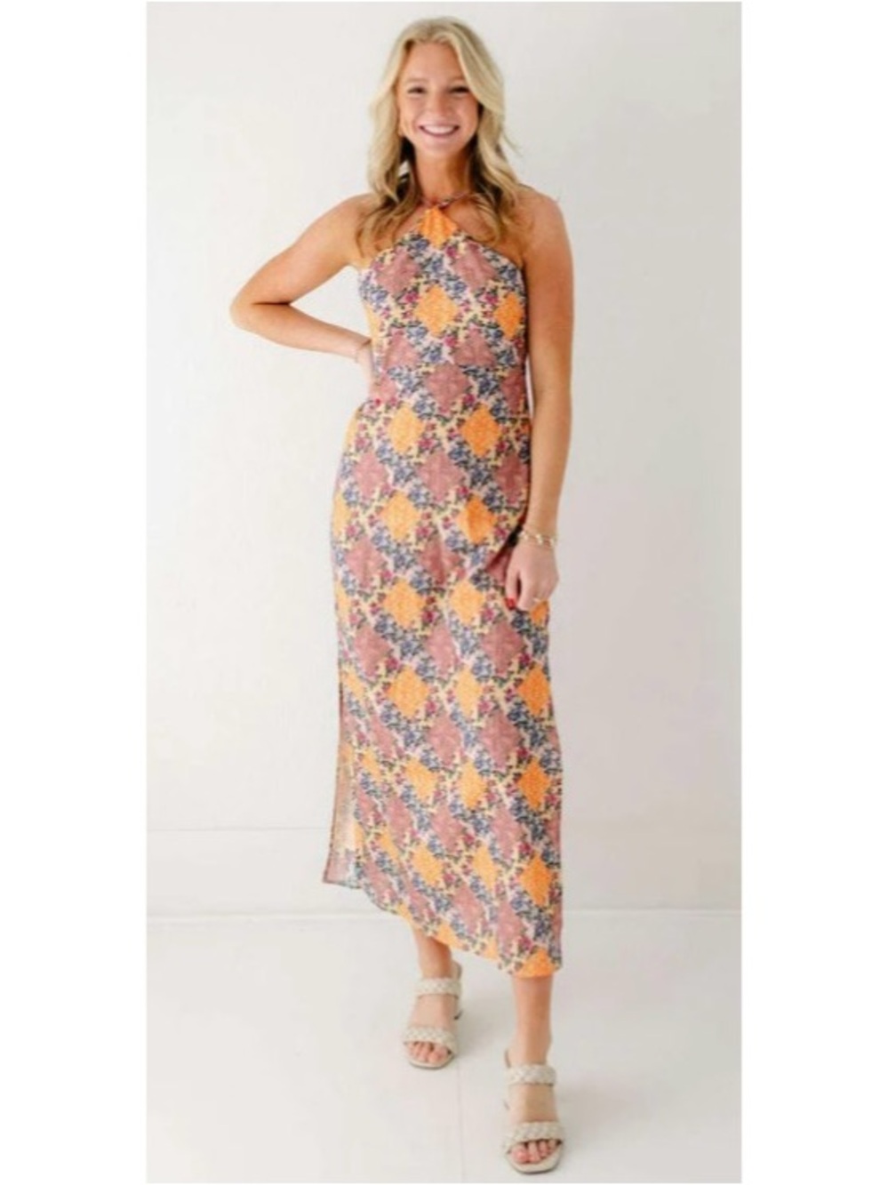 Halter Neck Floral Midi Dress in Orange and Pink